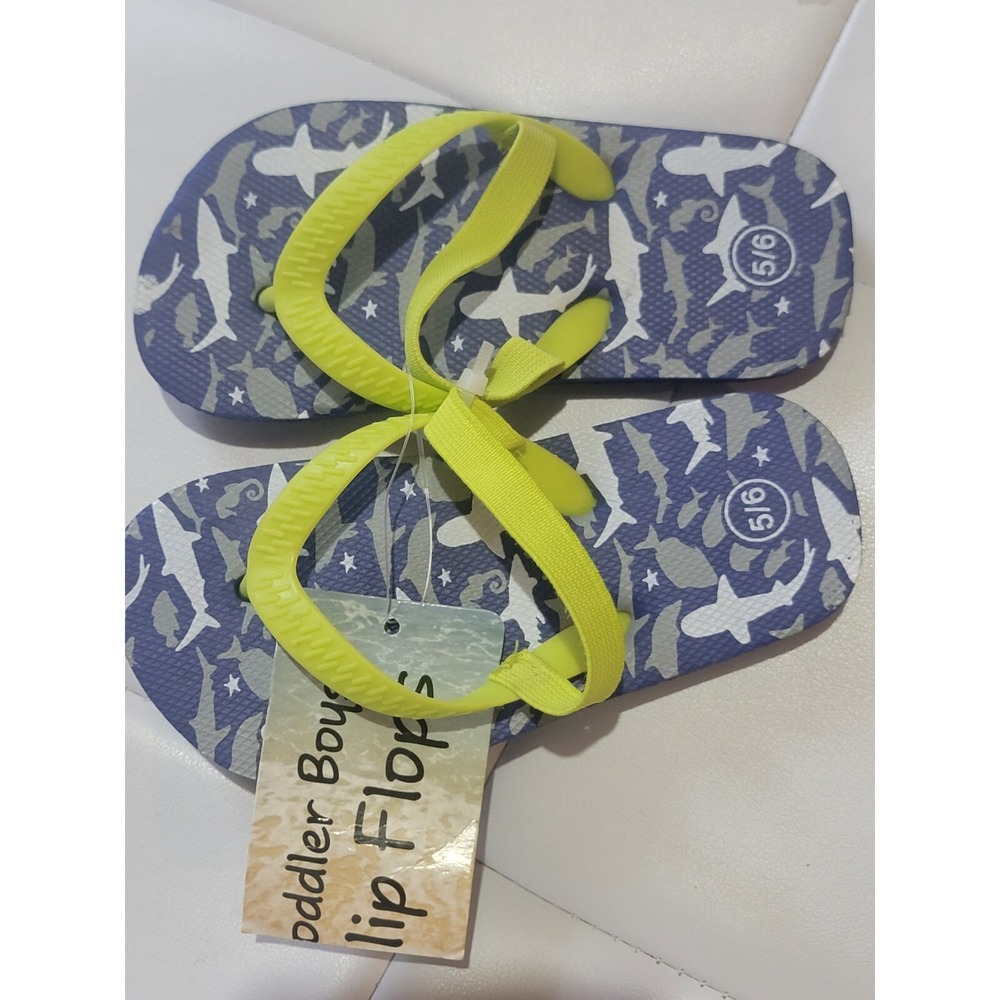 Blue Shark Toddler Flip Flops With Lime Green Strap Size 5/6